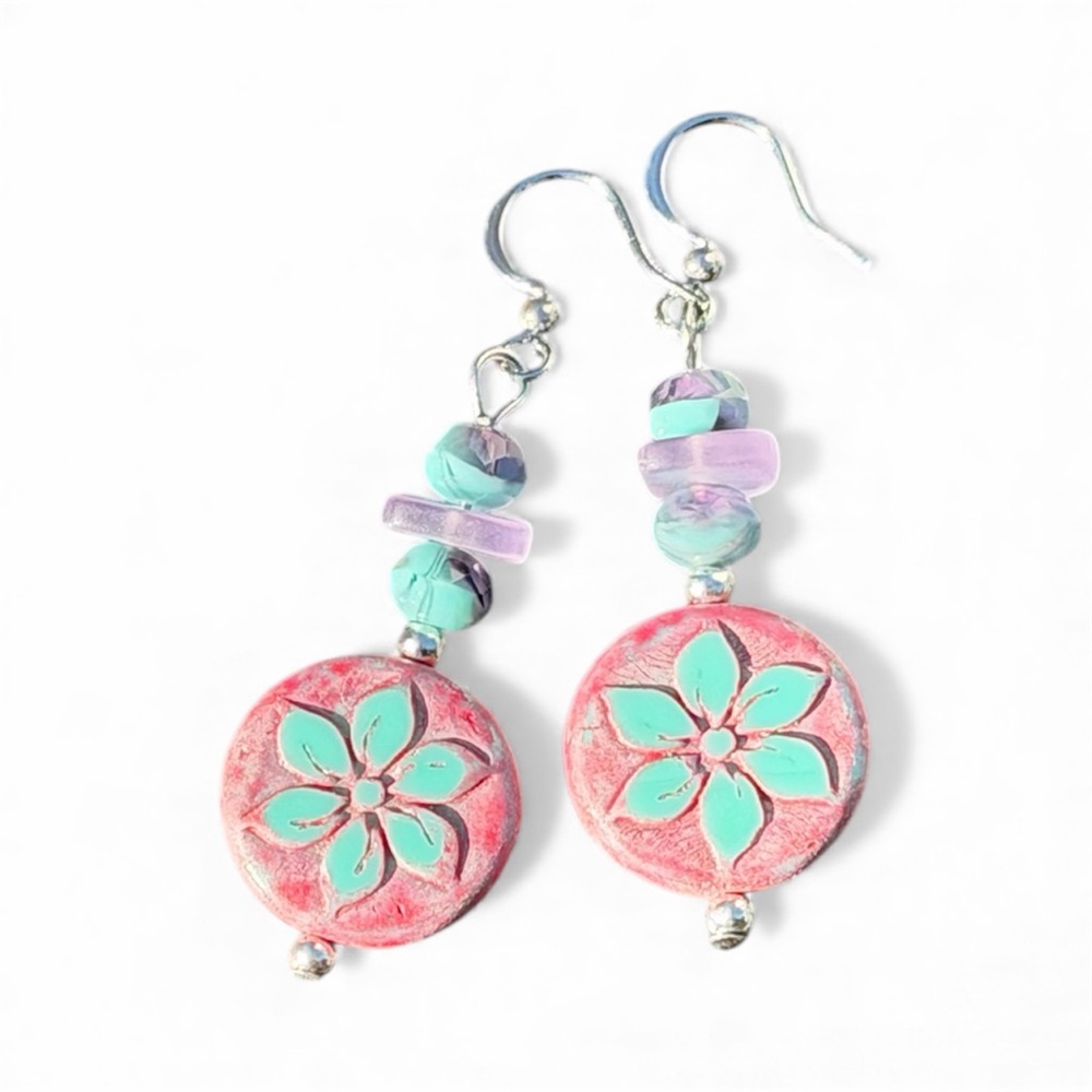 Handcrafted Floral Pink and Turquoise Czech Glass Earrings - Picture 3 of 16